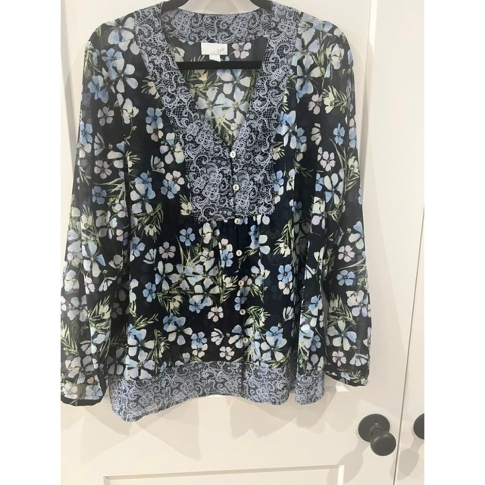 J. Jill Women Black Blue Floral Lace Trim V-Neck Button Front Blouse Size L